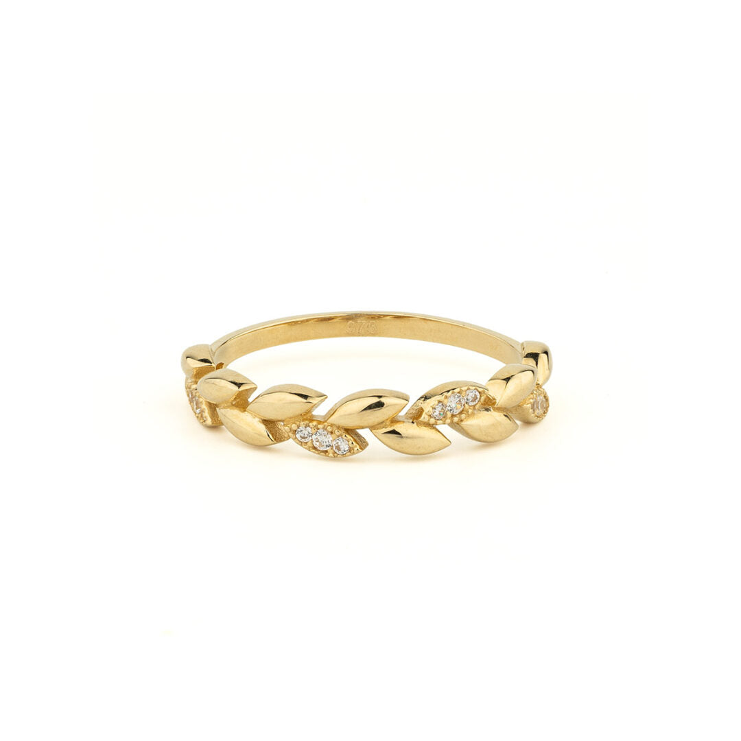 Olive Branch Ring with Zircon – 9K Yellow Gold Greek Symbol Jewelry