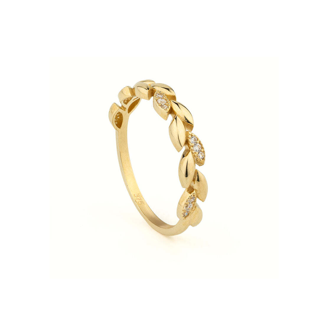 Olive Branch Ring with Zircon – 9K Yellow Gold Greek Symbol Jewelry