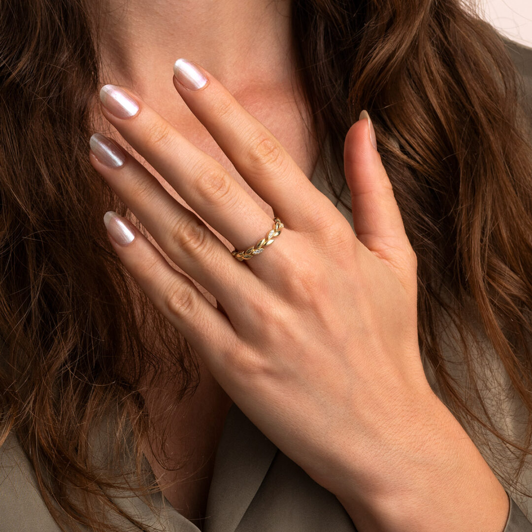 Olive Branch Ring with Zircon – 9K Yellow Gold Greek Symbol Jewelry
