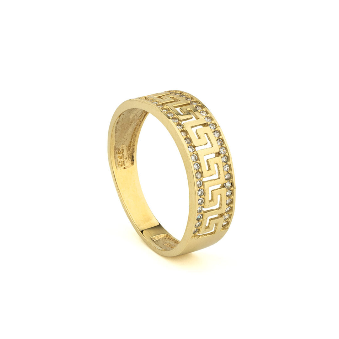 Greek Key Ring with Zircon – 9K Yellow Gold