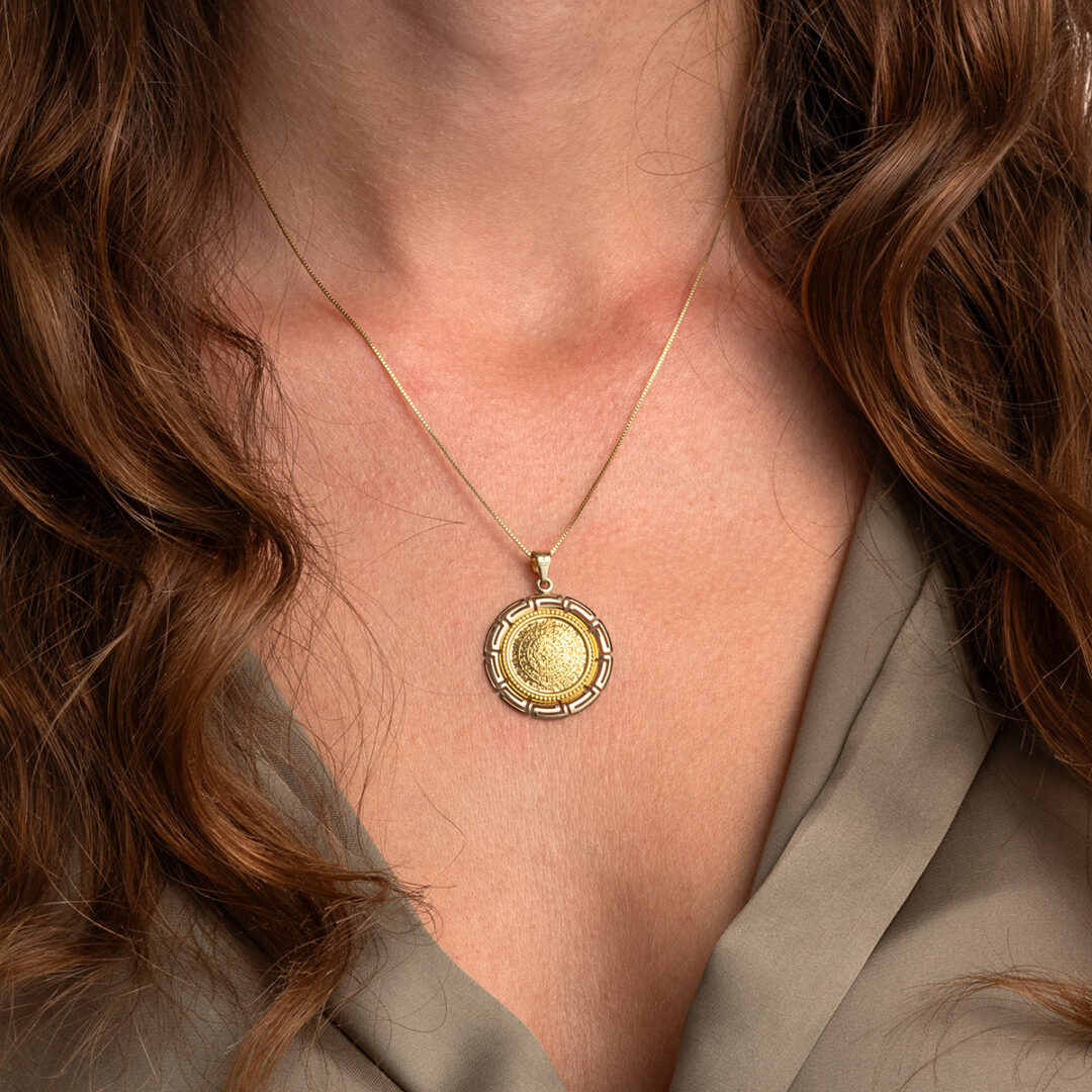 Phaistos Disc Pendant in Gold with Meander Bezel