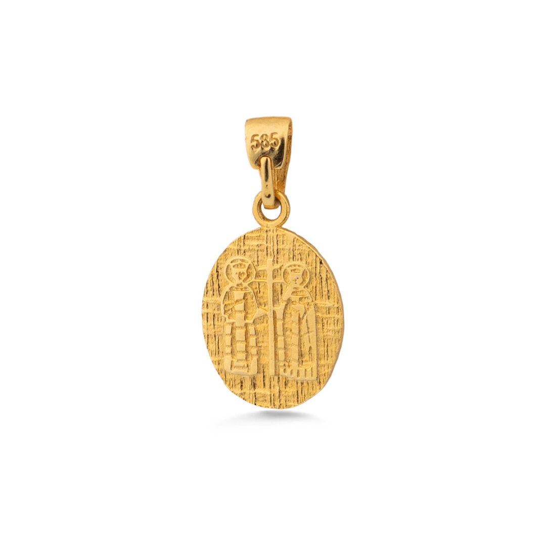 Double-sided Konstantinato IC XC NI KA Oval Pendant with Zircon – 14K Gold