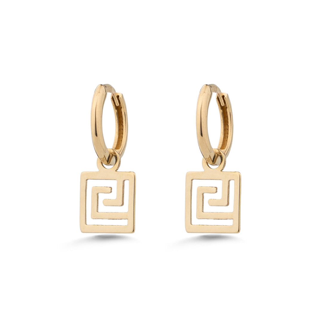 Greek Key Meander Drop Earrings in 9K Gold