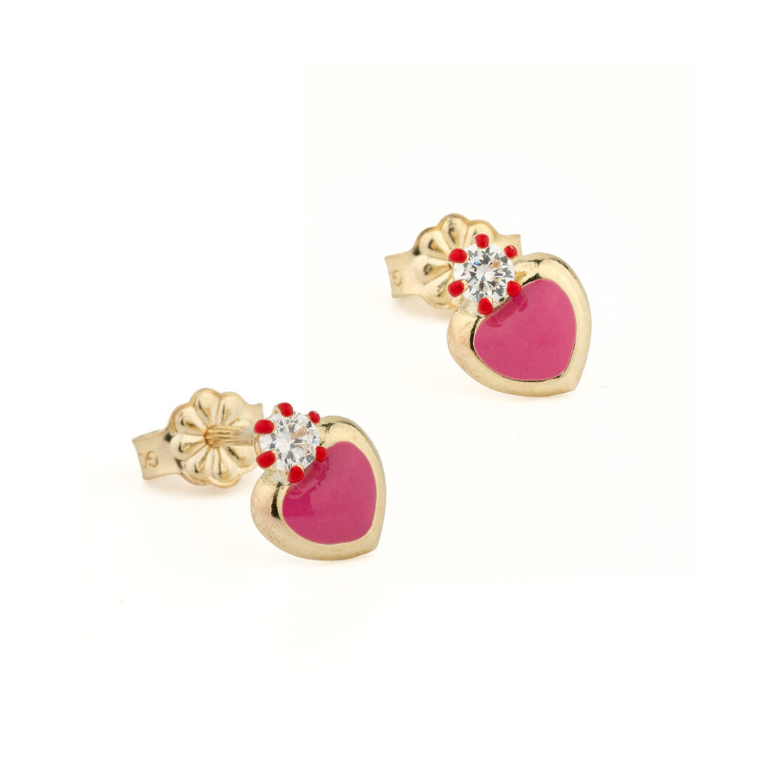9K Gold Heart Enamel Stud Earrings for Children with Zircon