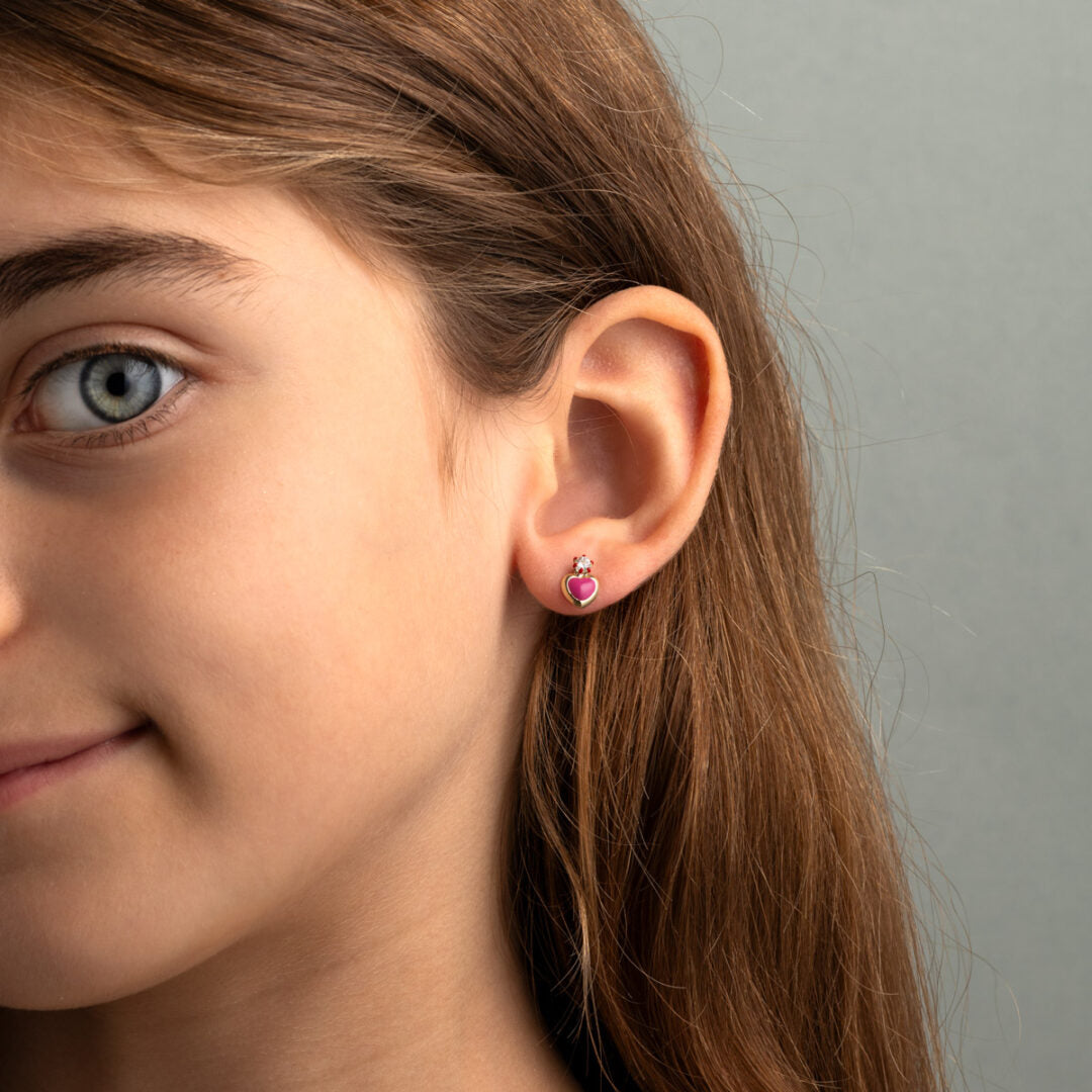9K Gold Heart Enamel Stud Earrings for Children with Zircon