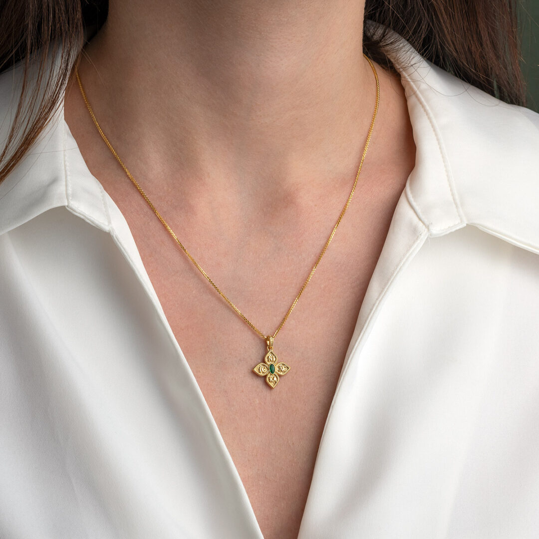 9K Yellow Gold Byzantine Orthodox Cross Pendant – IC XC NIKA Design — Green