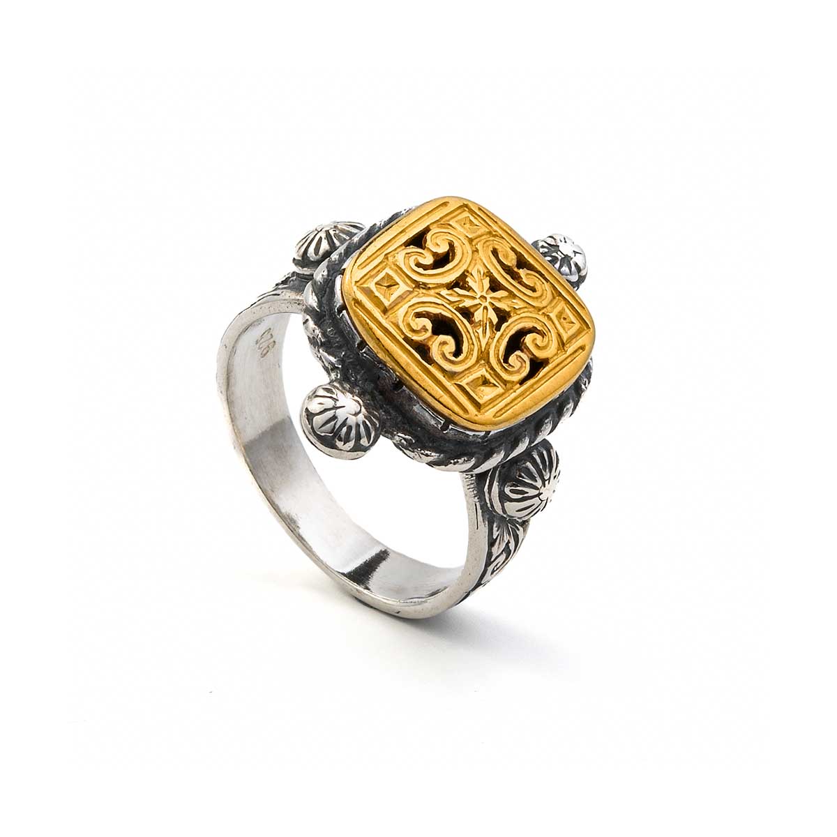 Vintage Square Traditional Flower Ring 925 Silver and Gold Plated