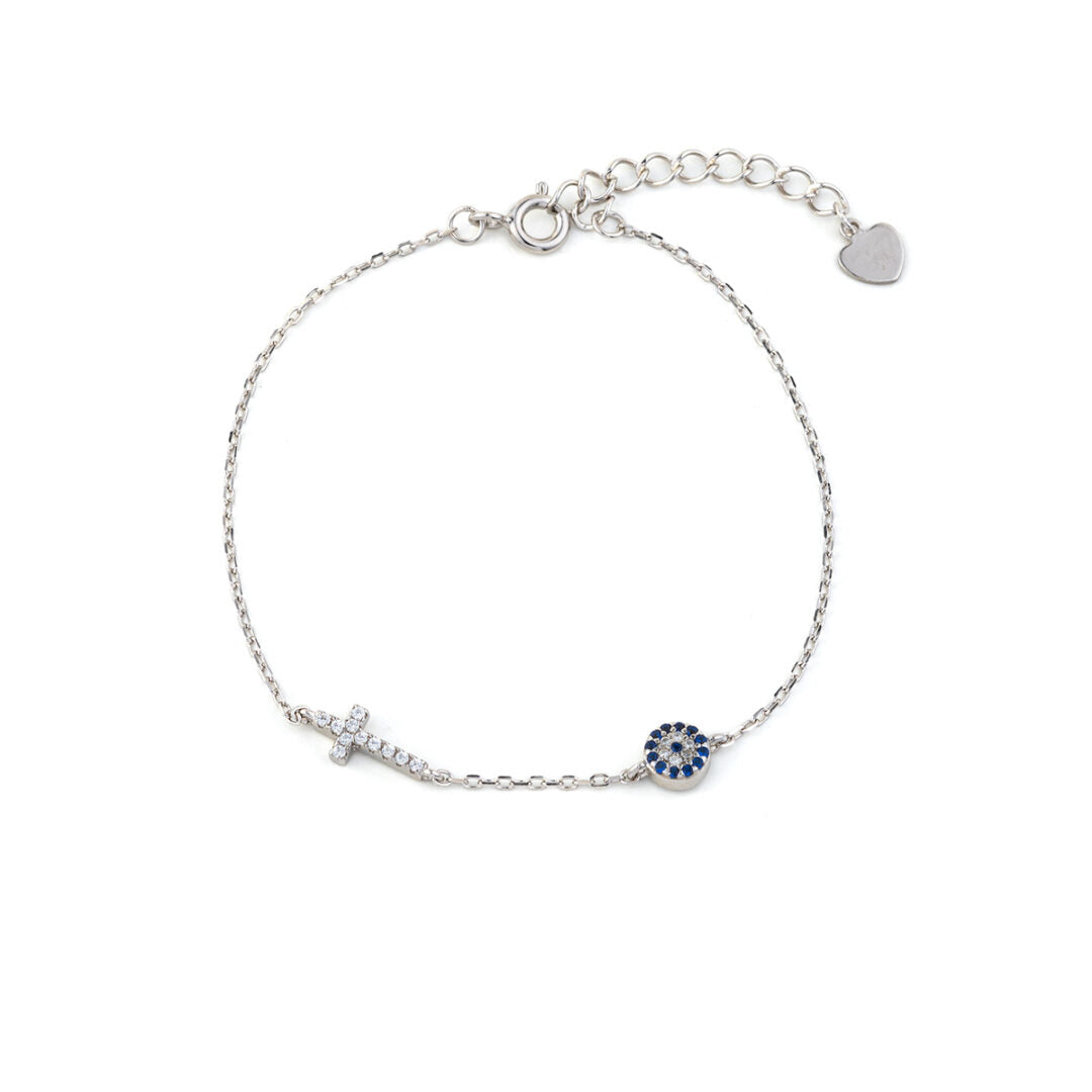 Sterling Silver Evil Eye Bracelet with Cross and Zircon