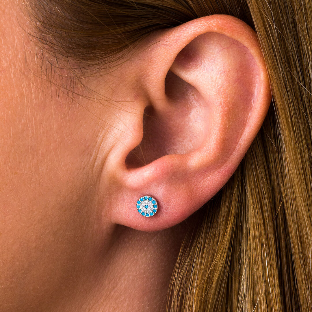 Eye Stud Earrings with Turquoise Zircon – 925 Sterling Silver