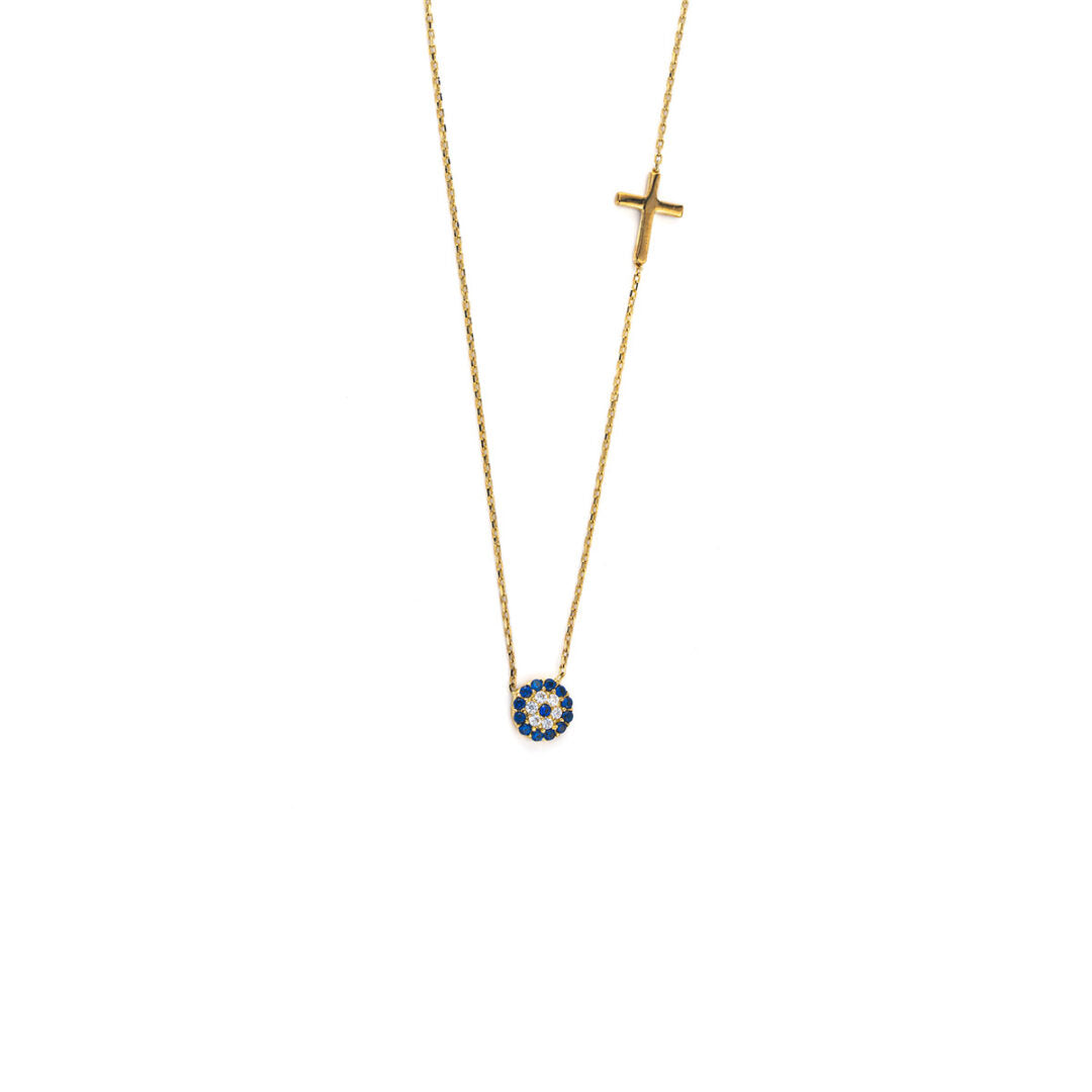 9K Yellow Gold - Eye Necklace with cross and zircon