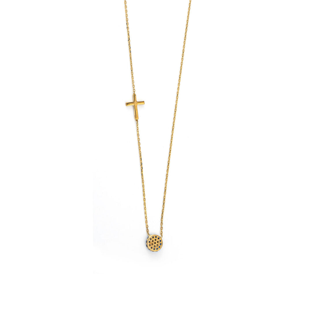 9K Yellow Gold - Eye Necklace with cross and zircon