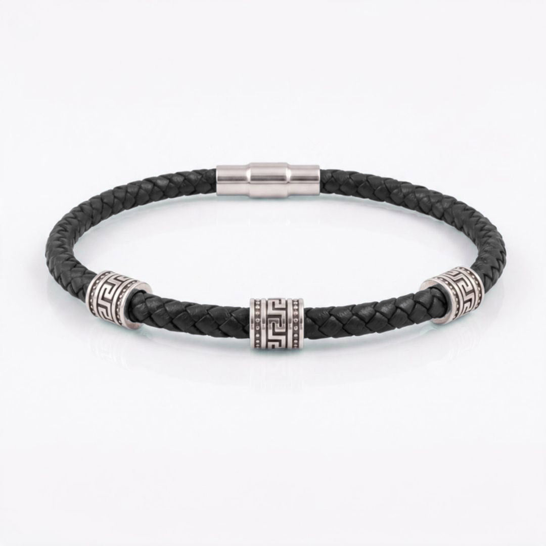 Greek Key Bracelet - Sterling Silver and Braided Genuine Leather — Black