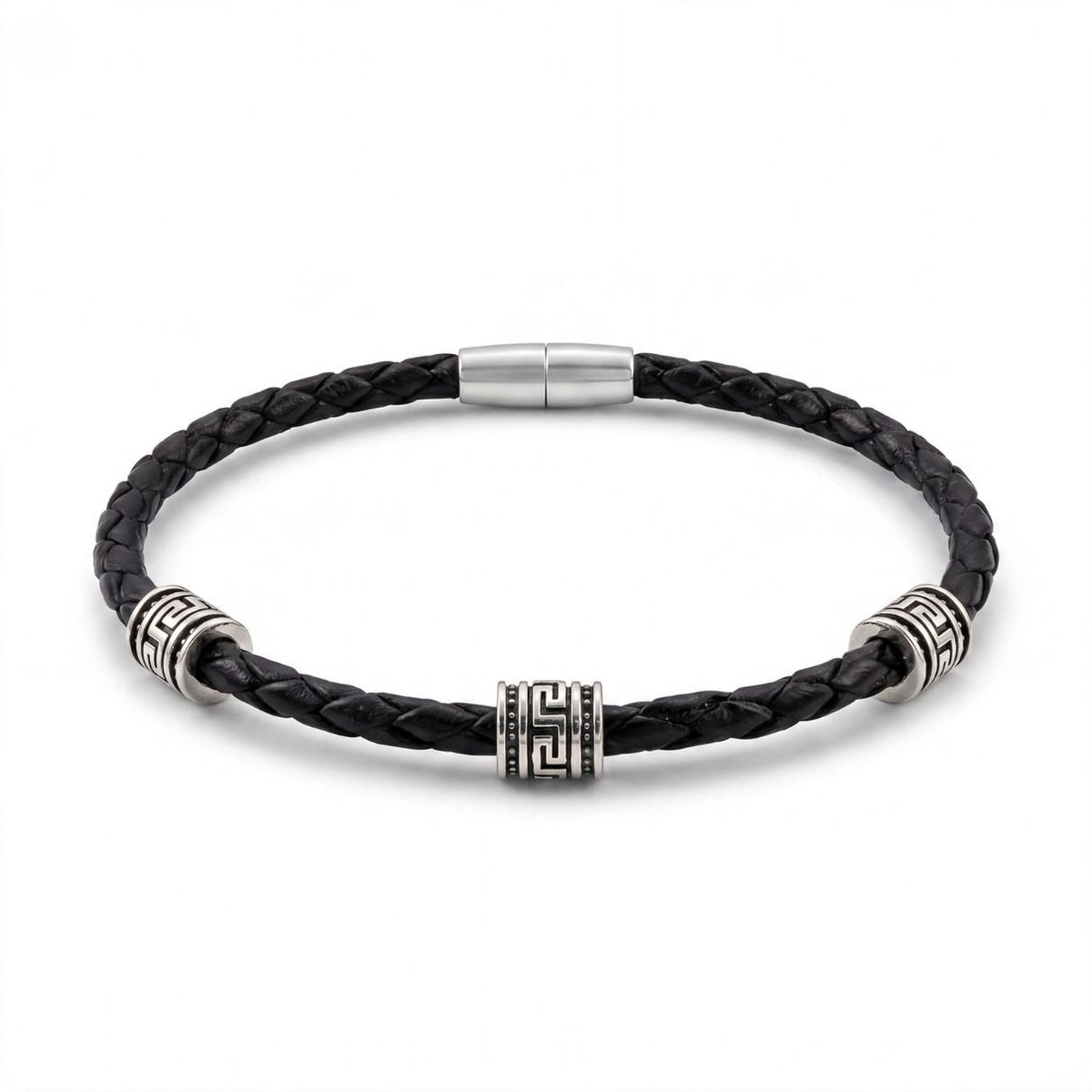 Bracelet with Meander Motif and Braided Genuine Leather — Black