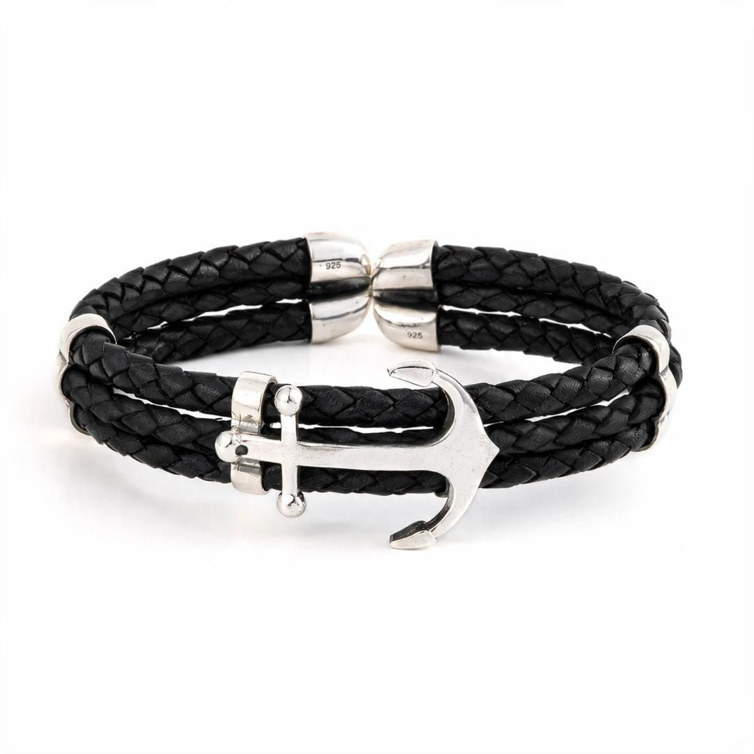Sterling silver leather anchor bracelet — Black