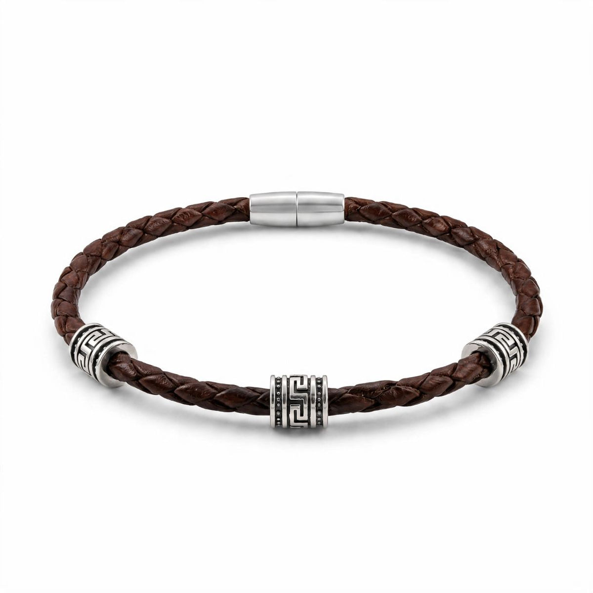 Bracelet with Meander Motif and Braided Genuine Leather — Brown