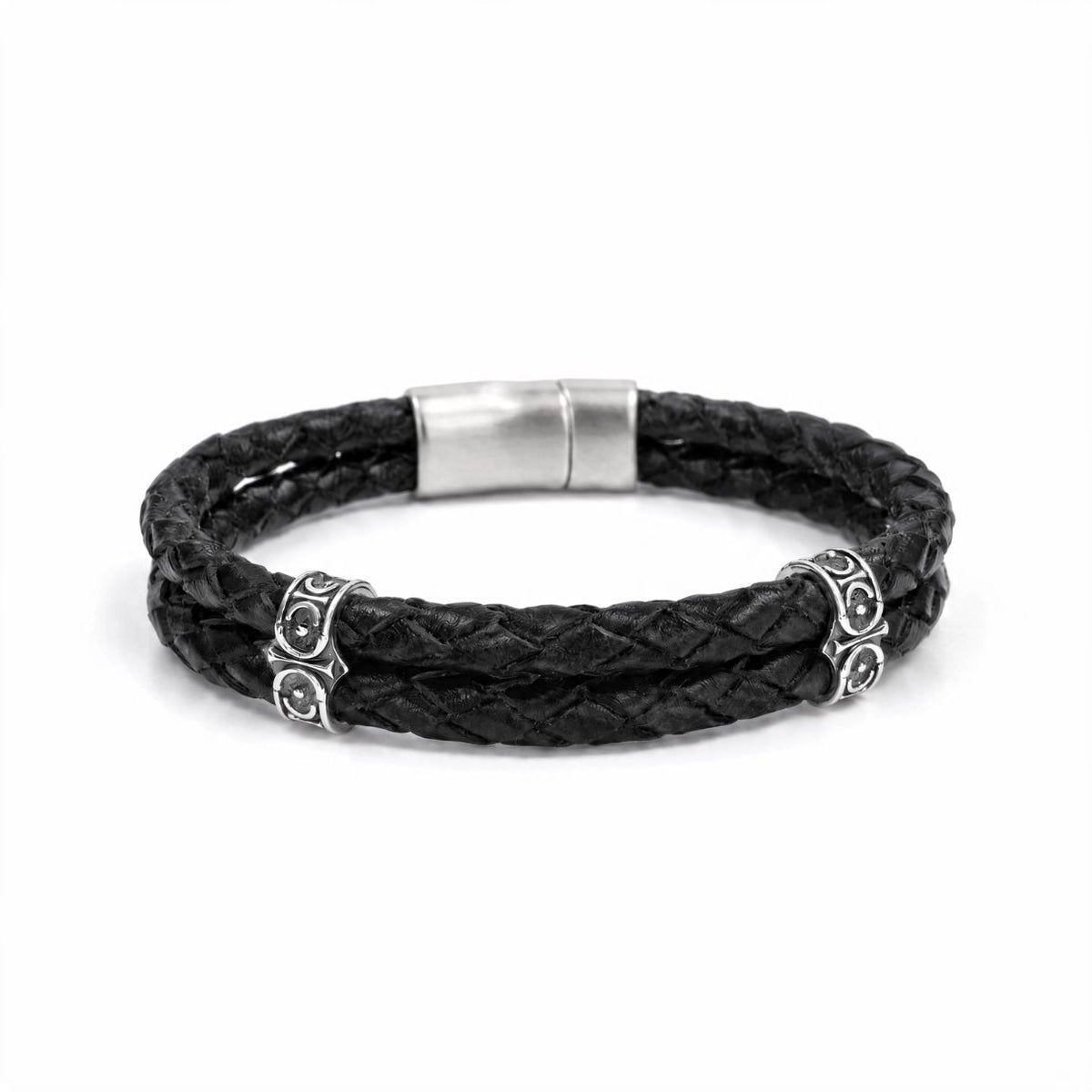 Sterling Silver Leather Bracelet with Axion motif washers — Black