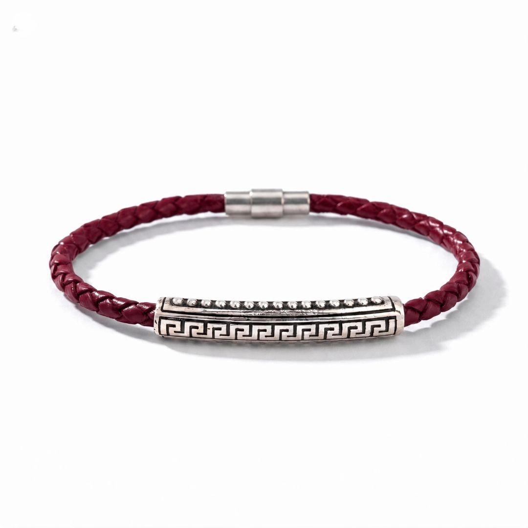 Meander Leather Bracelet in 925 Sterling Silver — Red