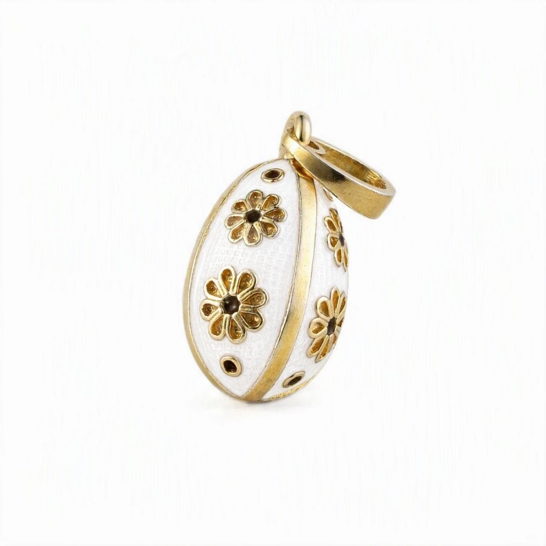 Egg Pendant Necklace with Flowers - Sterling Silver Gold Plated and Enamel — White