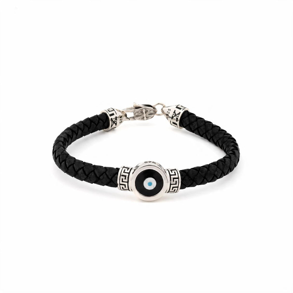 Evil Eye Leather Bracelet with Greek Key - 925 Sterling Silver — Black