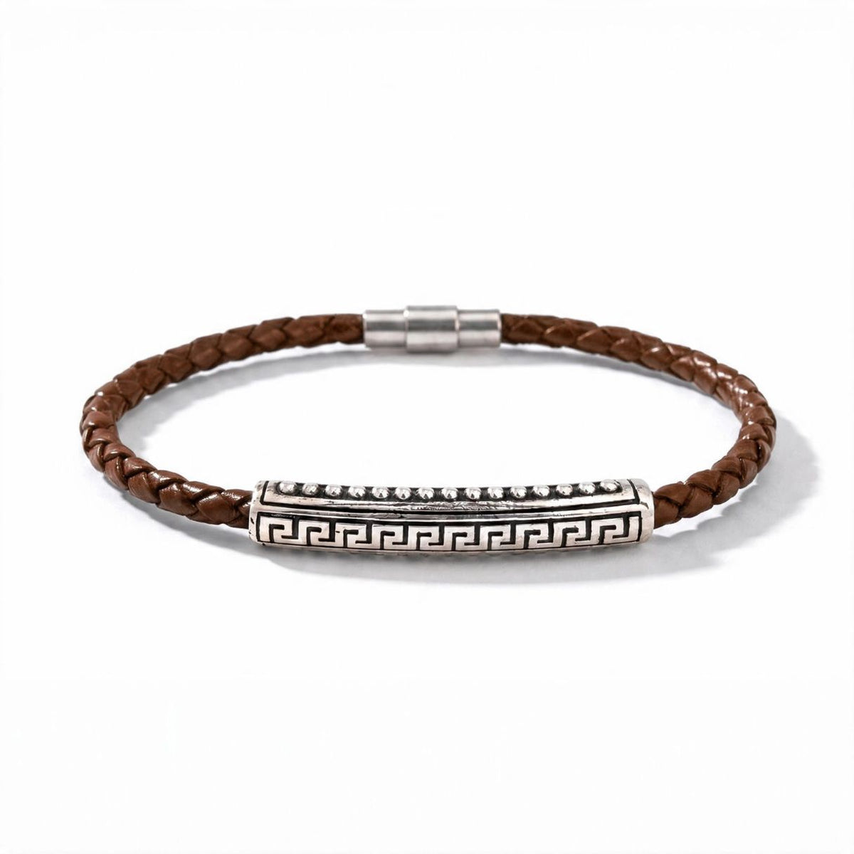 Meander Leather Bracelet in 925 Sterling Silver — Brown