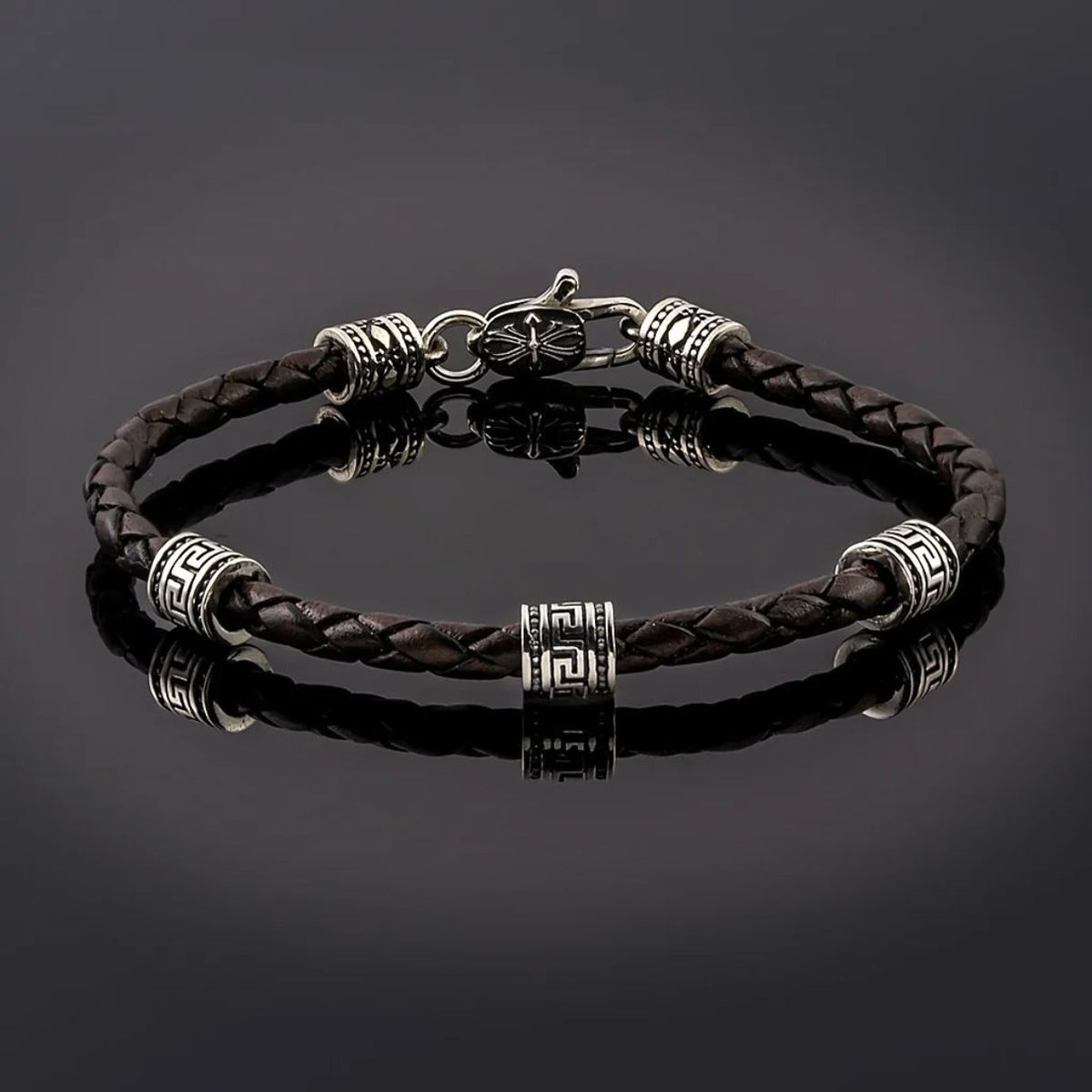 Greek Key Bracelet - Sterling Silver and Braided Genuine Leather — Brown