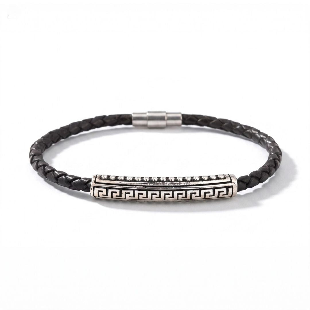 Meander Leather Bracelet in 925 Sterling Silver — Black