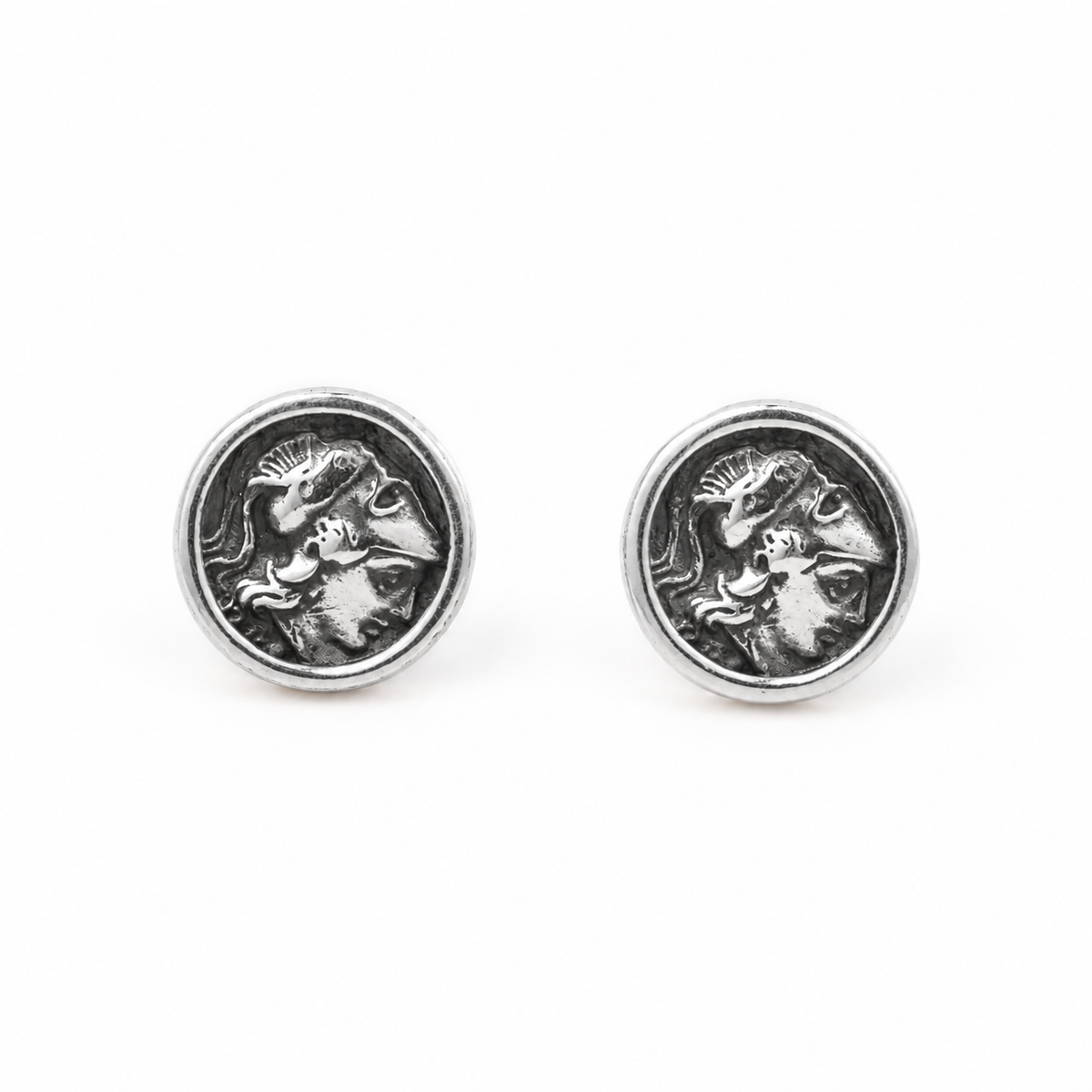 Ancient Greek Goddess Athena Coin Stud Earrings - Sterling Silver and Gold Plated