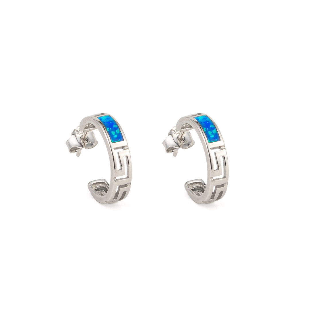 Greek Key Hoop Opal Earrings - 925 Sterling Silver