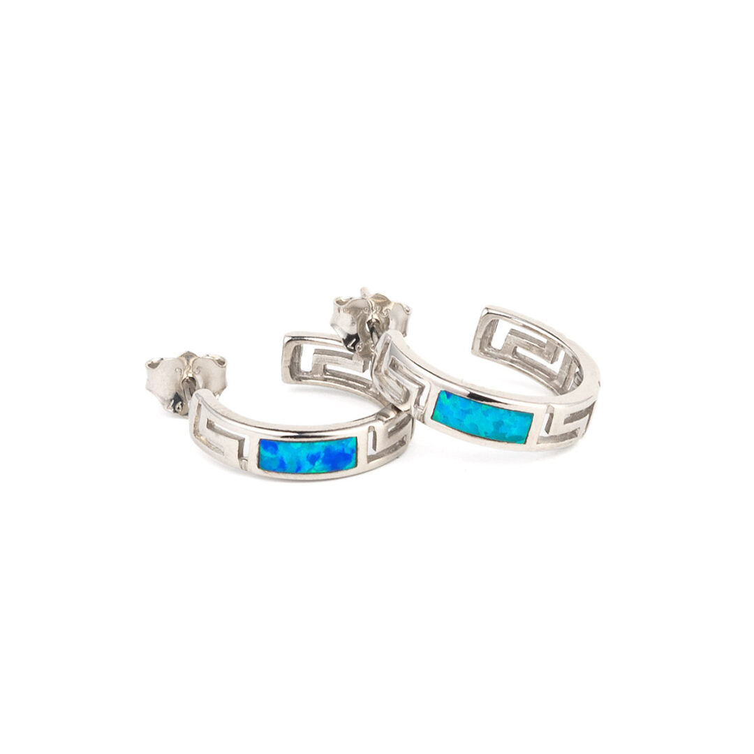 Greek Key Hoop Opal Earrings - 925 Sterling Silver