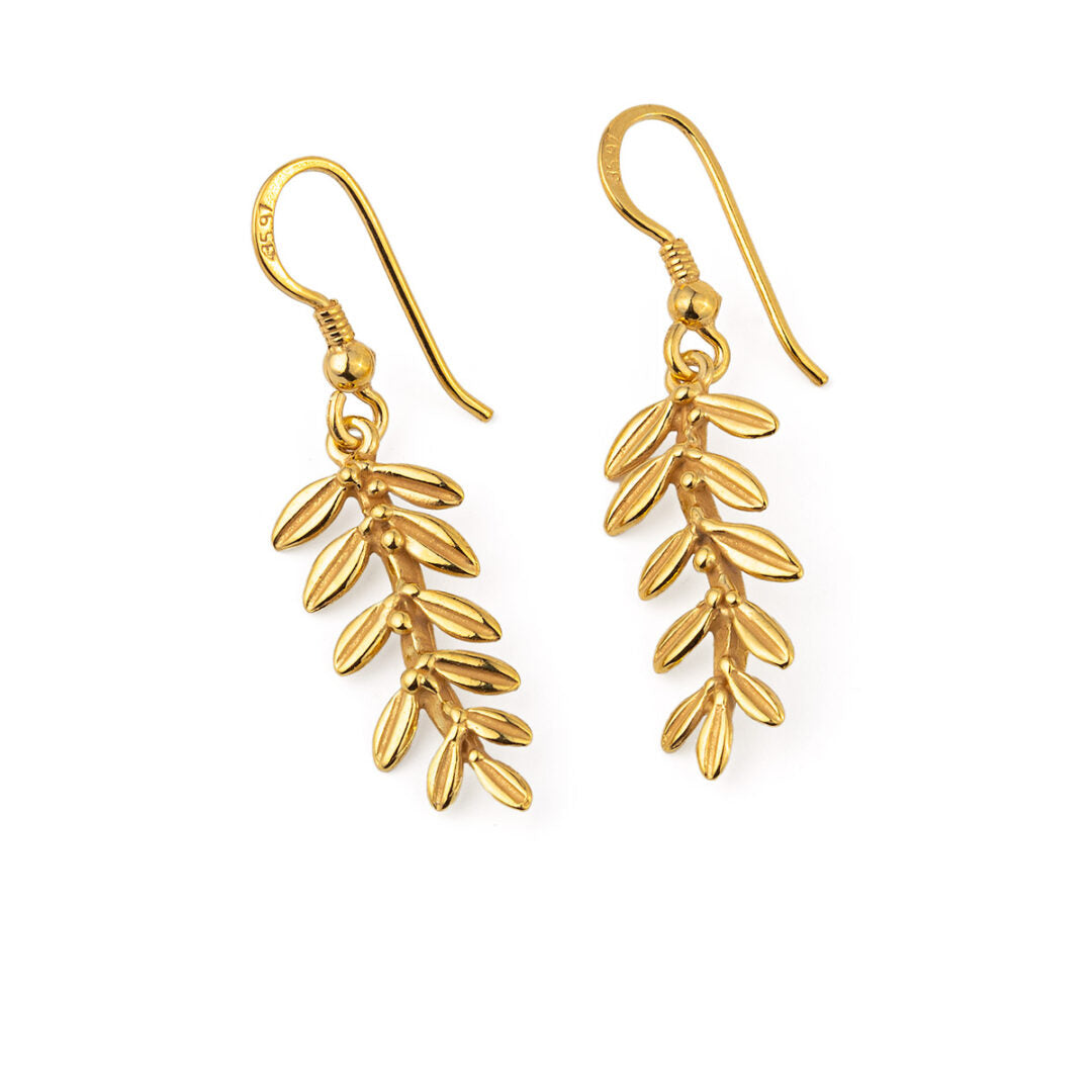 Olive Leaf Long Drop Earrings - Sterling Silver and Gold Plated