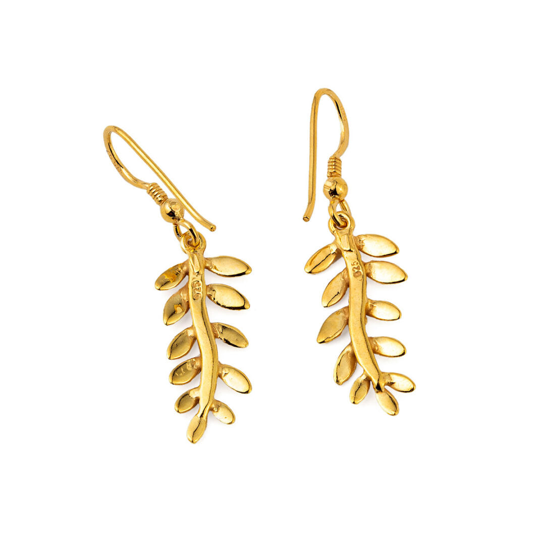 Olive Leaf Long Drop Earrings - Sterling Silver and Gold Plated
