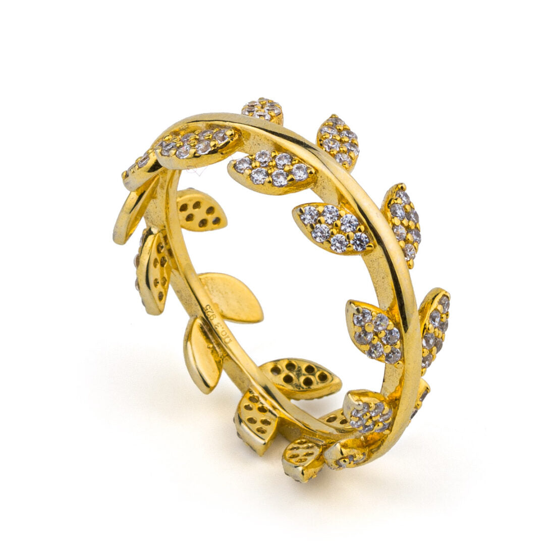 Olive Leaf Zircon Ring - 925 Sterling Silver and Gold Plated