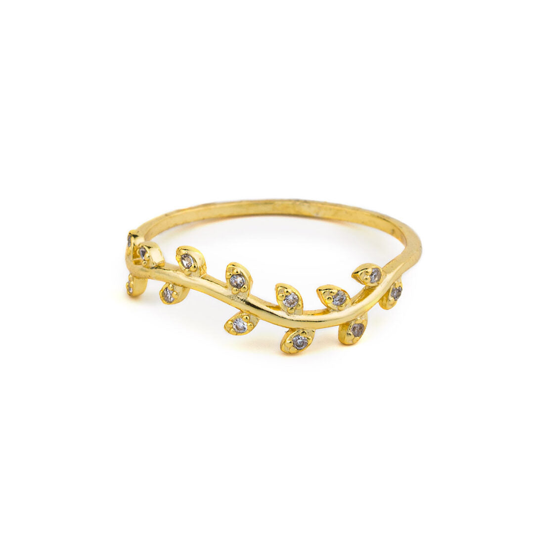 Olive Leaf Ring with Zircon – 925 Sterling Silver and Gold Plated