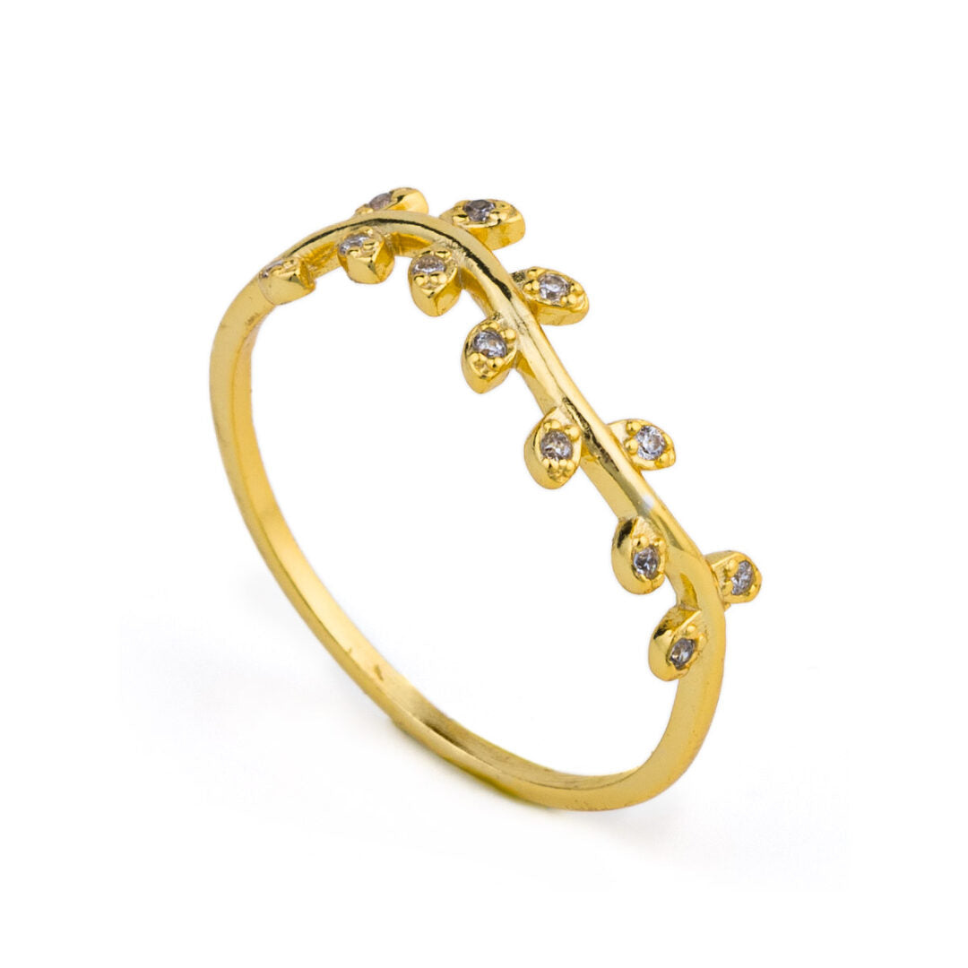 Olive Leaf Ring with Zircon – 925 Sterling Silver and Gold Plated