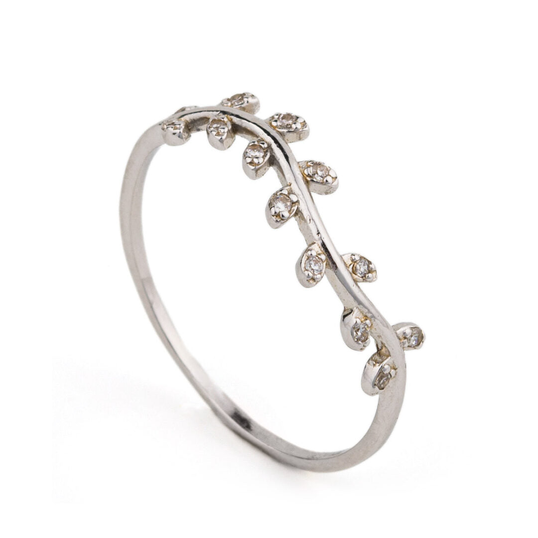 Olive Leaf Ring with Zircon – Sterling Silver