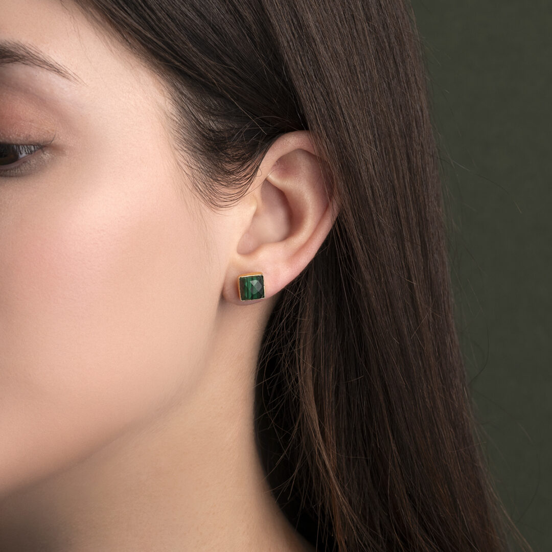 Malachite Stud Earrings in 925 Silver Gold Plated