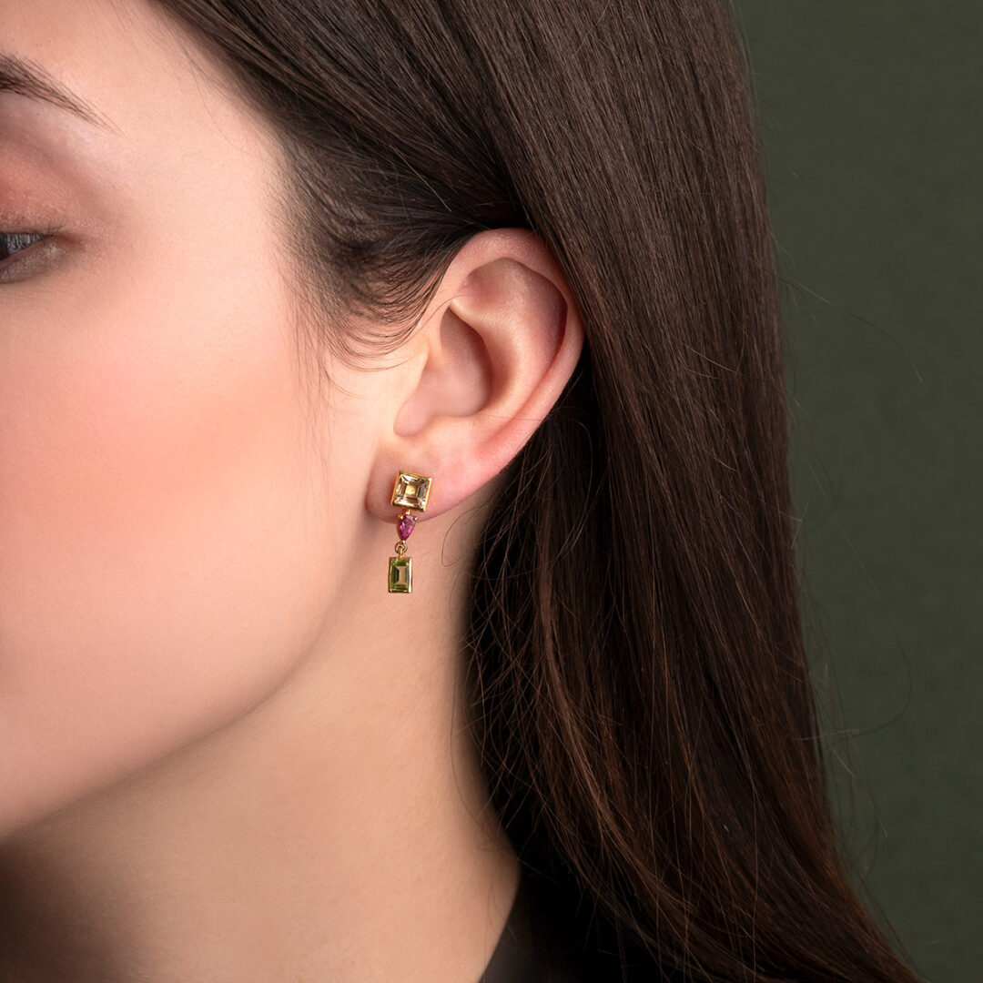 Citrin Tourmaline and Peridot Drop Earrings in 925 Silver Gold Plated