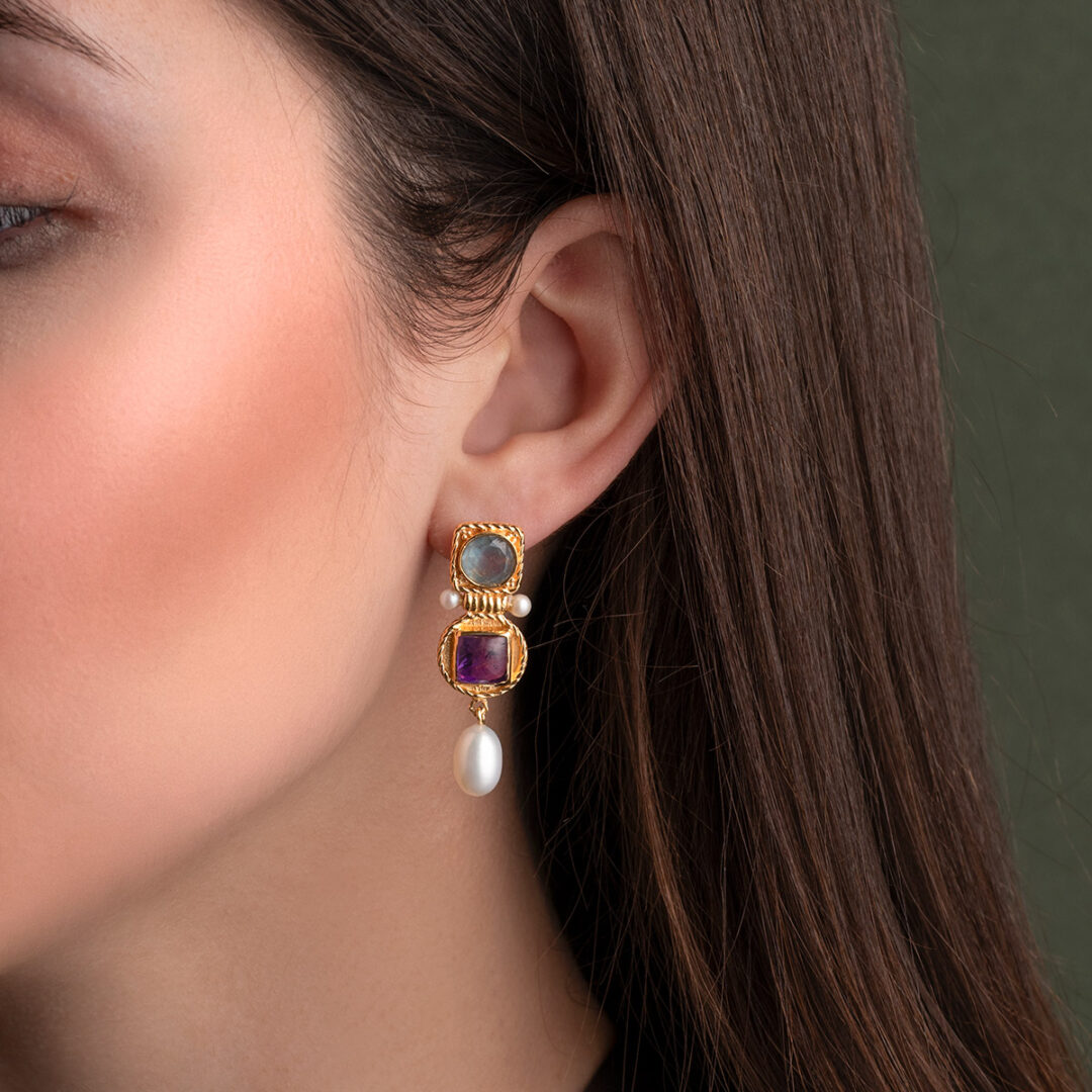 Apatite Amethyst and Pearl Drop Earrings in 925 Silver Gold Plated