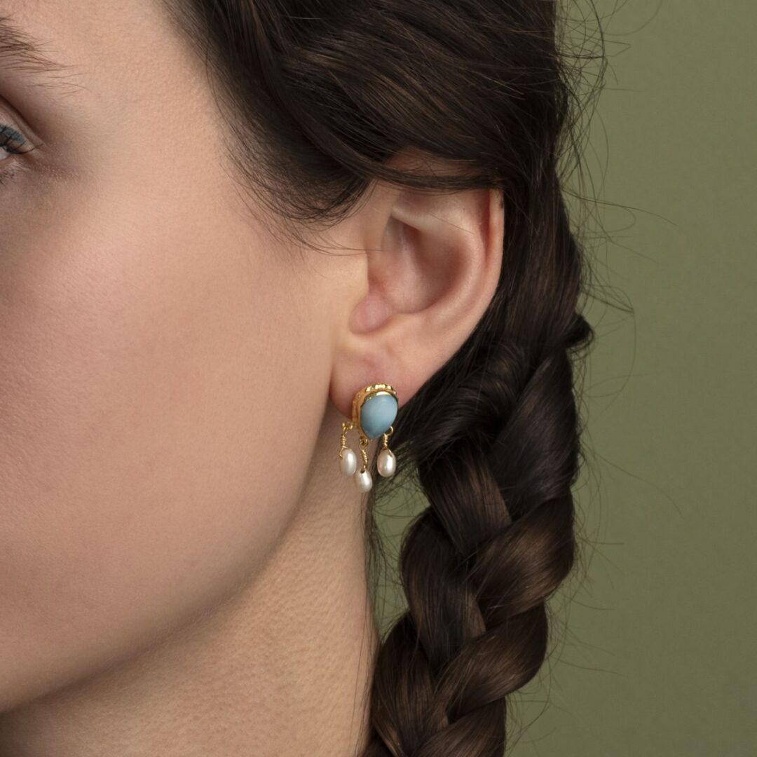 925 Sterling Silver and Gold Plated Pearl Stud earrings with Larimar