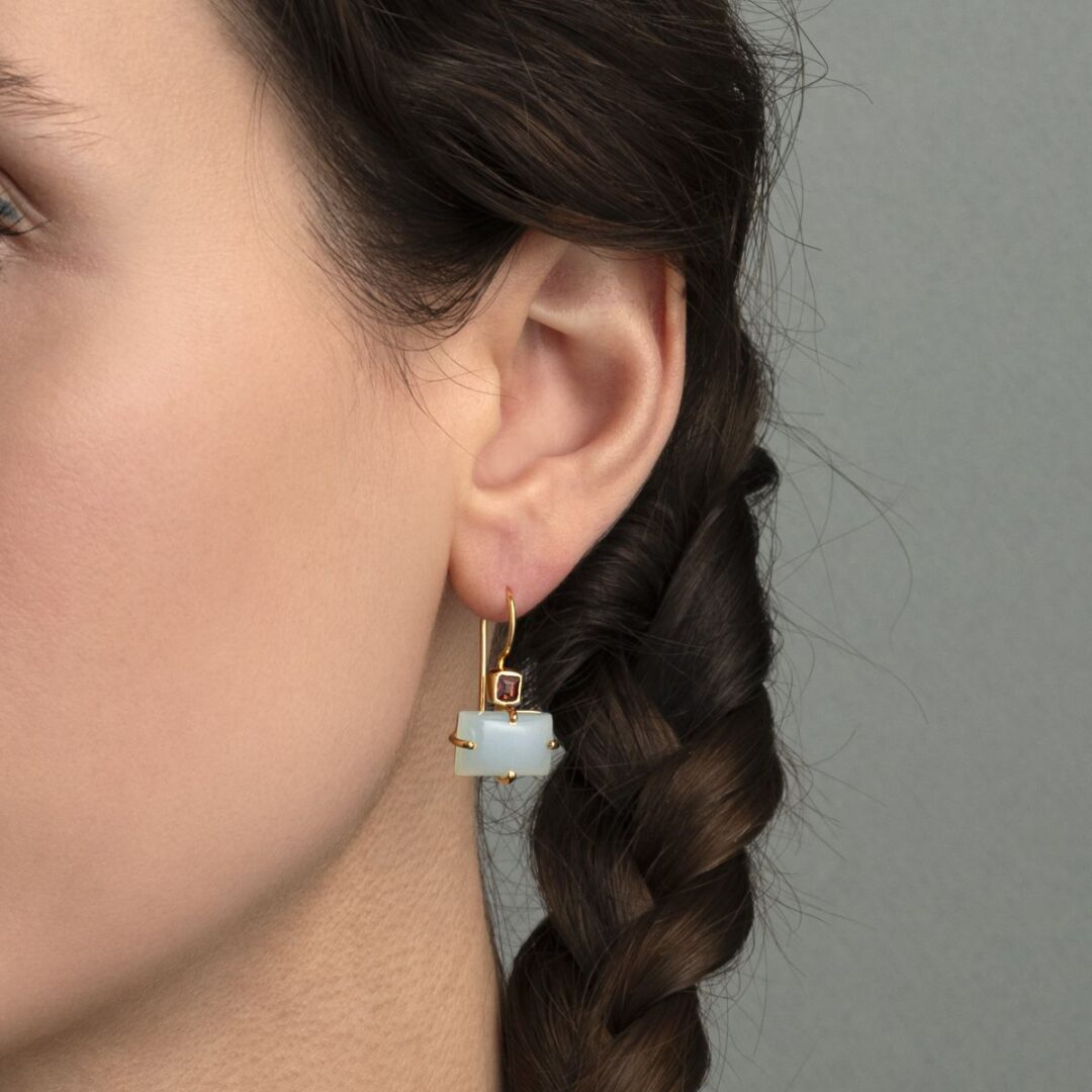 Dangle Earrings in 925 Silver & Gold Plating with Garnet and Aqua Chalcedony