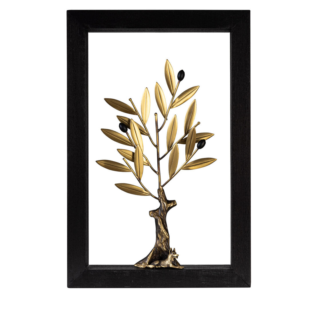 Bronze Sculpture Dog resting under a tree - Wood Frame