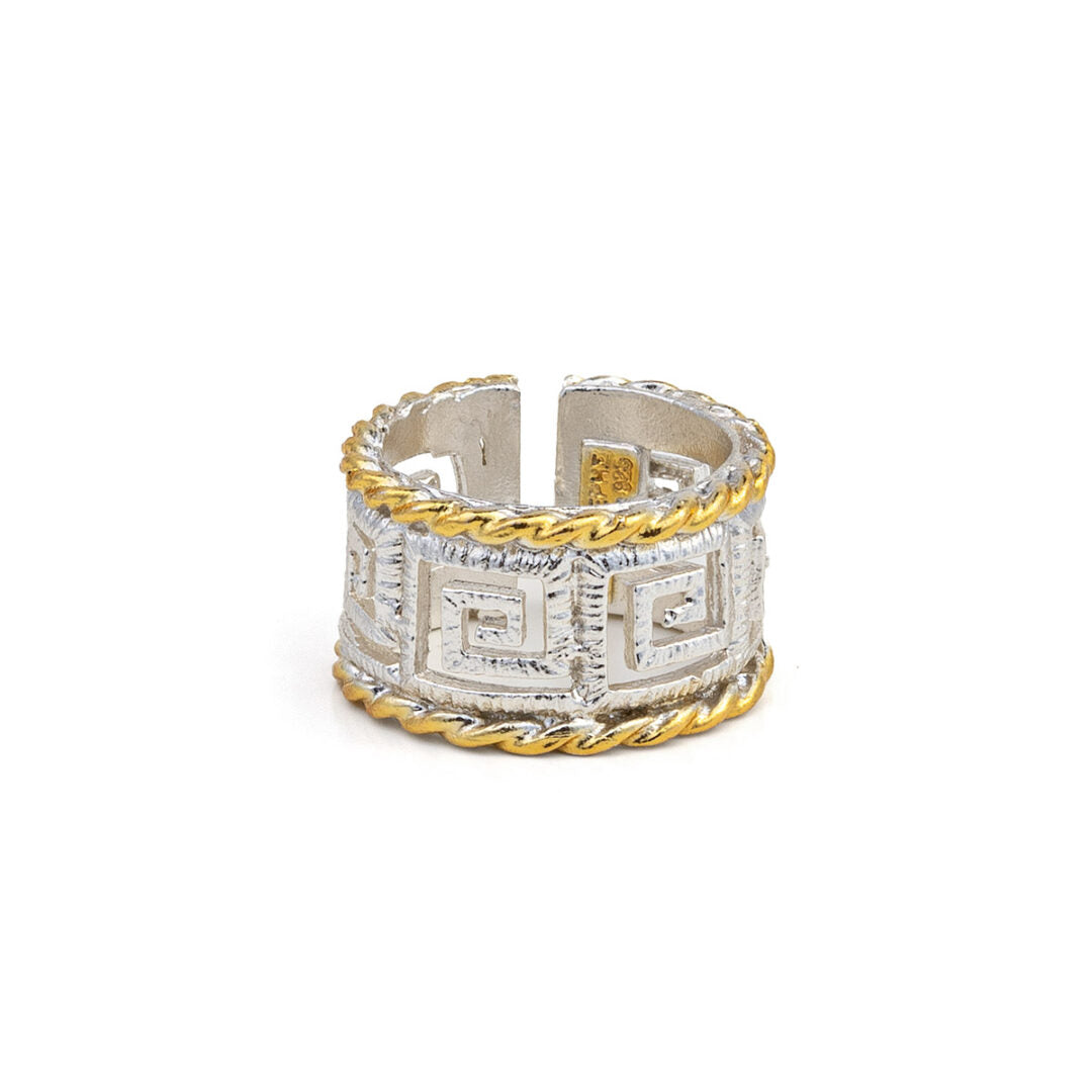 925 Sterling Silver and Gold Plated Greek Key Lace Ring