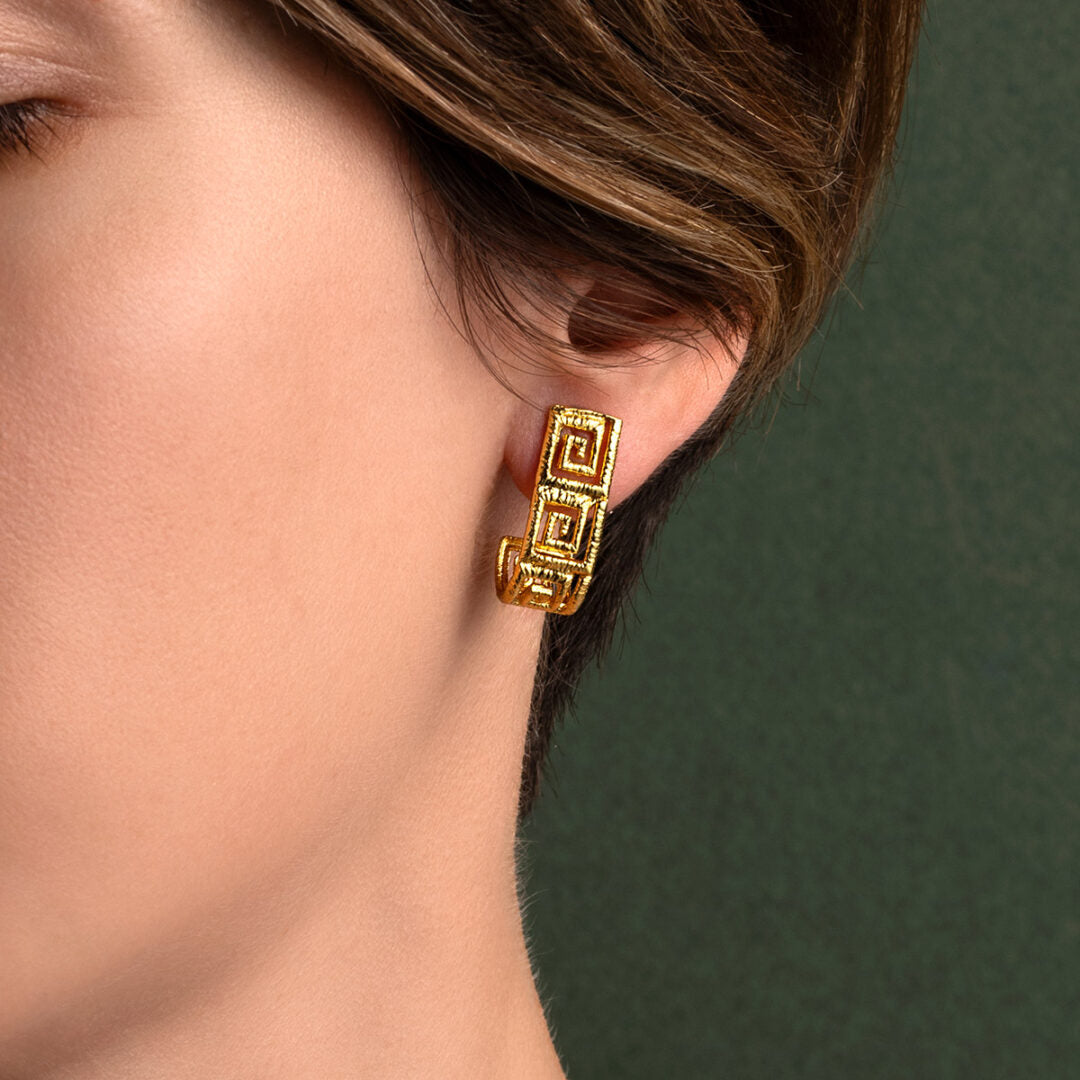 Greek Key Meander Lace Earrings - Sterling Silver Gold Plated