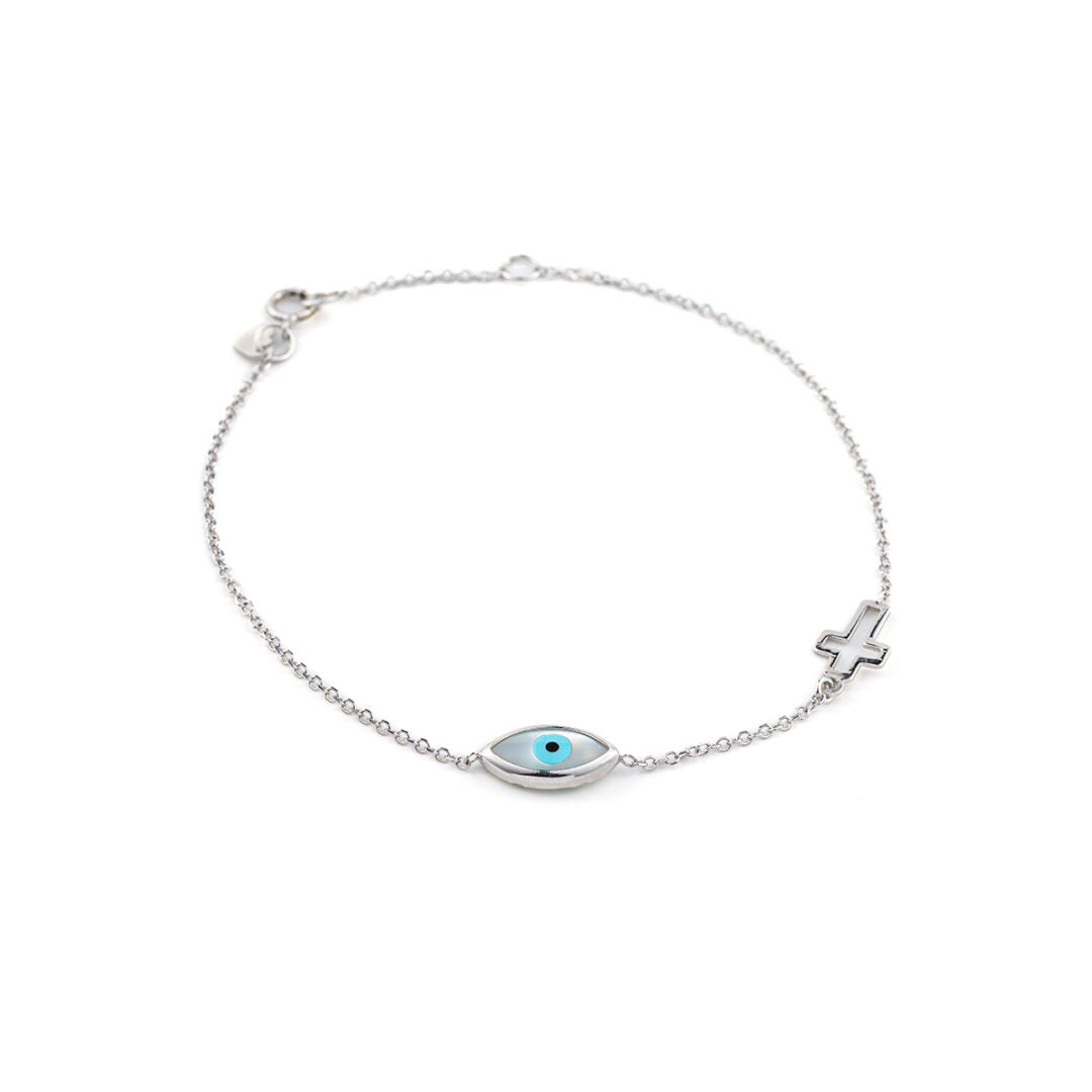 9K White Gold Evil Eye and Cross Bracelet