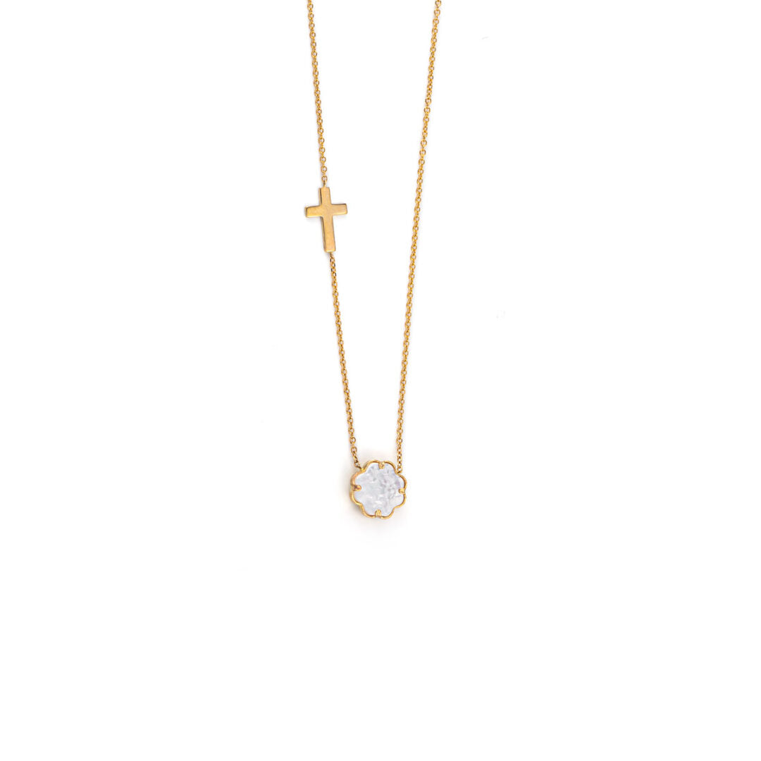 Four Leaf Clover Necklace with Cross - 9K Yellow Gold