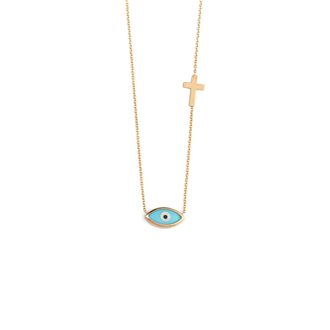 Evil Eye and Cross Necklace - Gold 9K