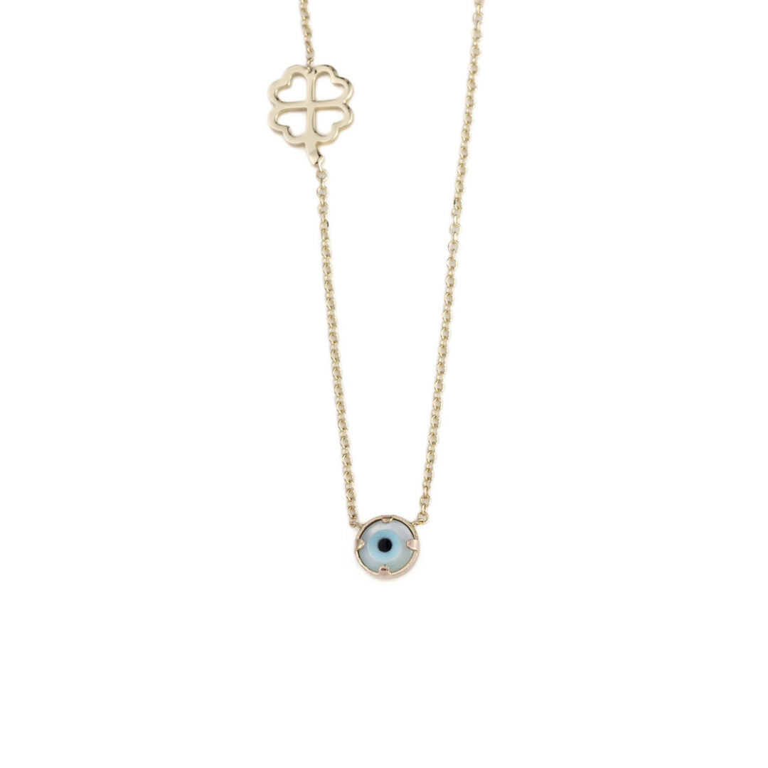 Evil Eye and Four Leaf Necklace – 9K Gold