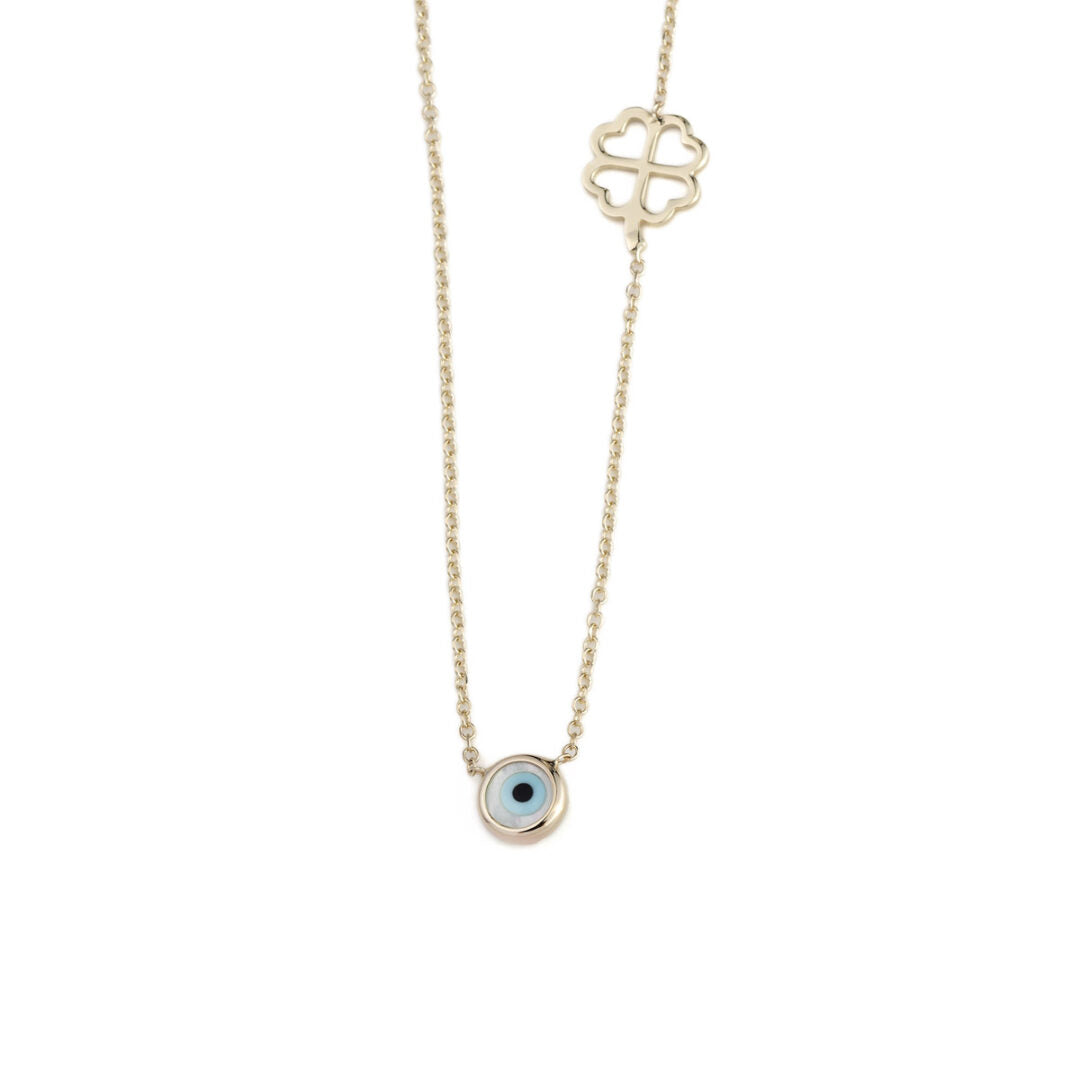 Evil Eye and Four Leaf Necklace – 9K Gold