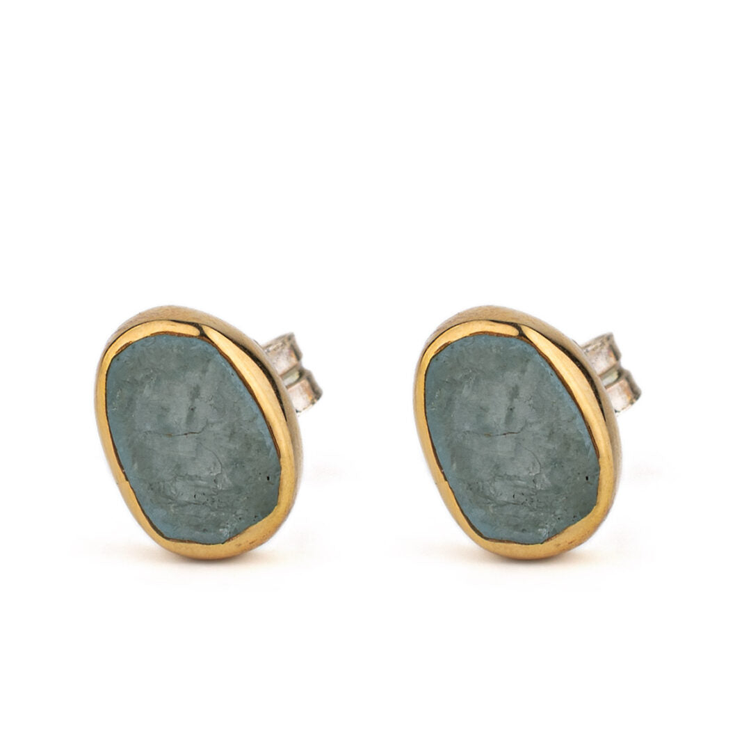 Aqua Marine Stud Earrings – 18K Gold and 925 Sterling Silver