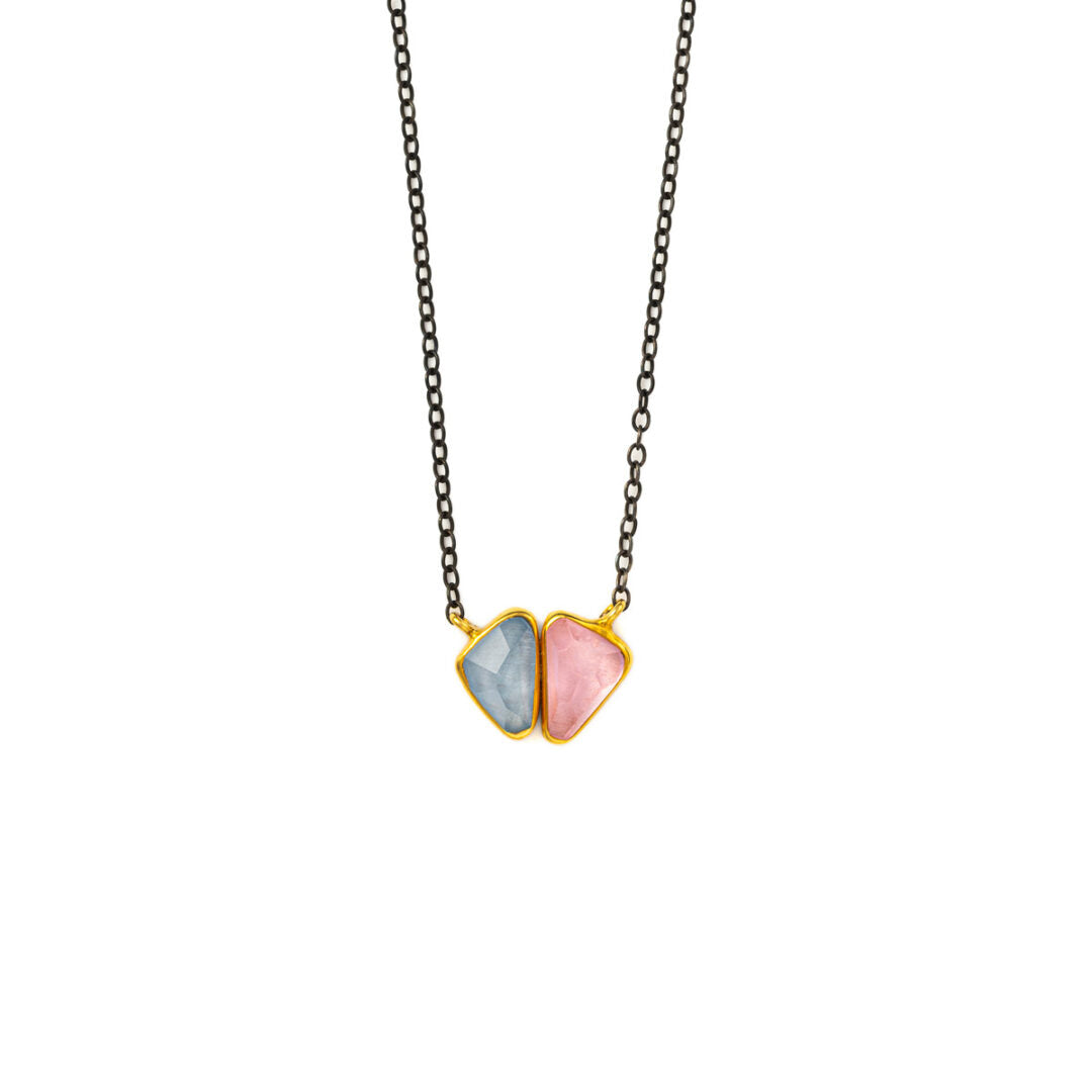 Rose Quartz AquaMarine Necklace - 18K Gold and 925 Sterling Silver